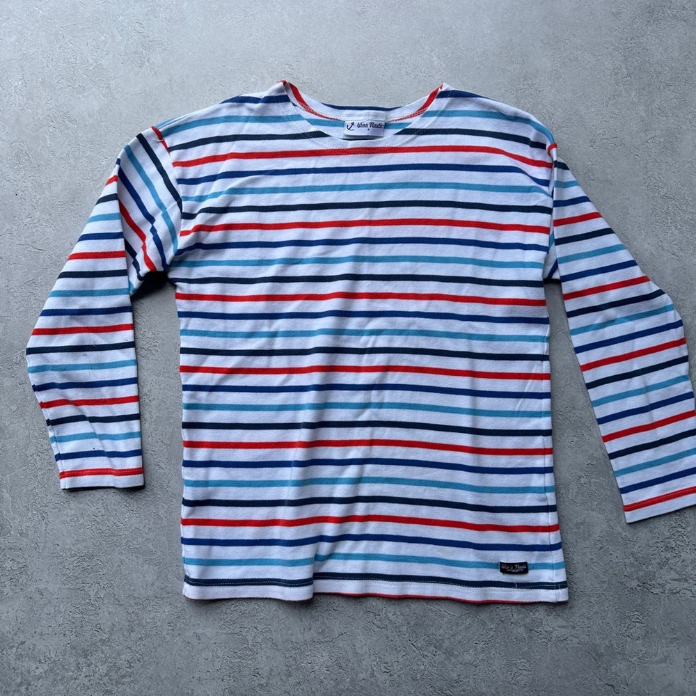 Vintage Nautical Striped Long-Sleeve Breton Tee - White with Red & Blue Stripes